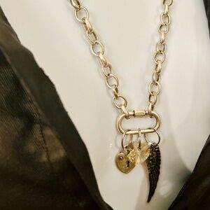 Angel wing pendant necklace, Swarovski crystal heart charm, silver plated long r